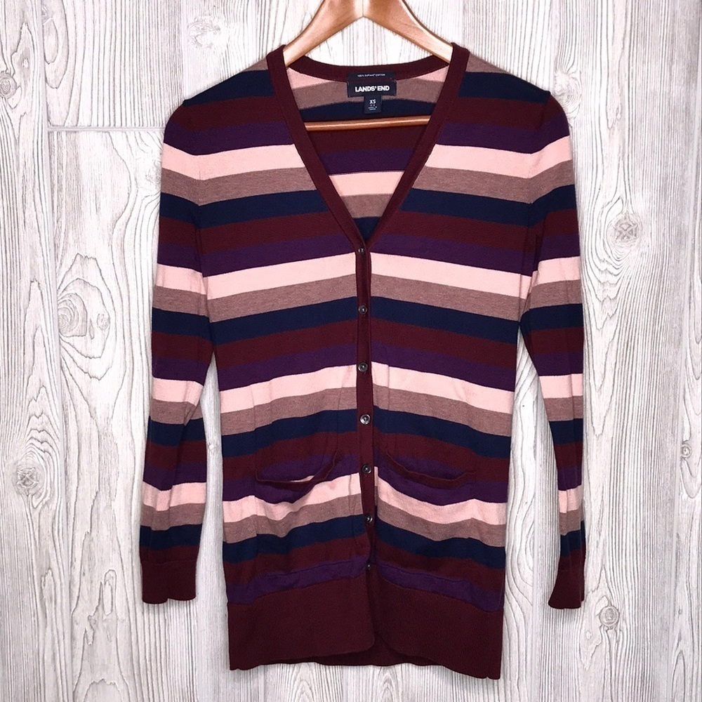 Lands' End Stripped Button Cotton Cardigan